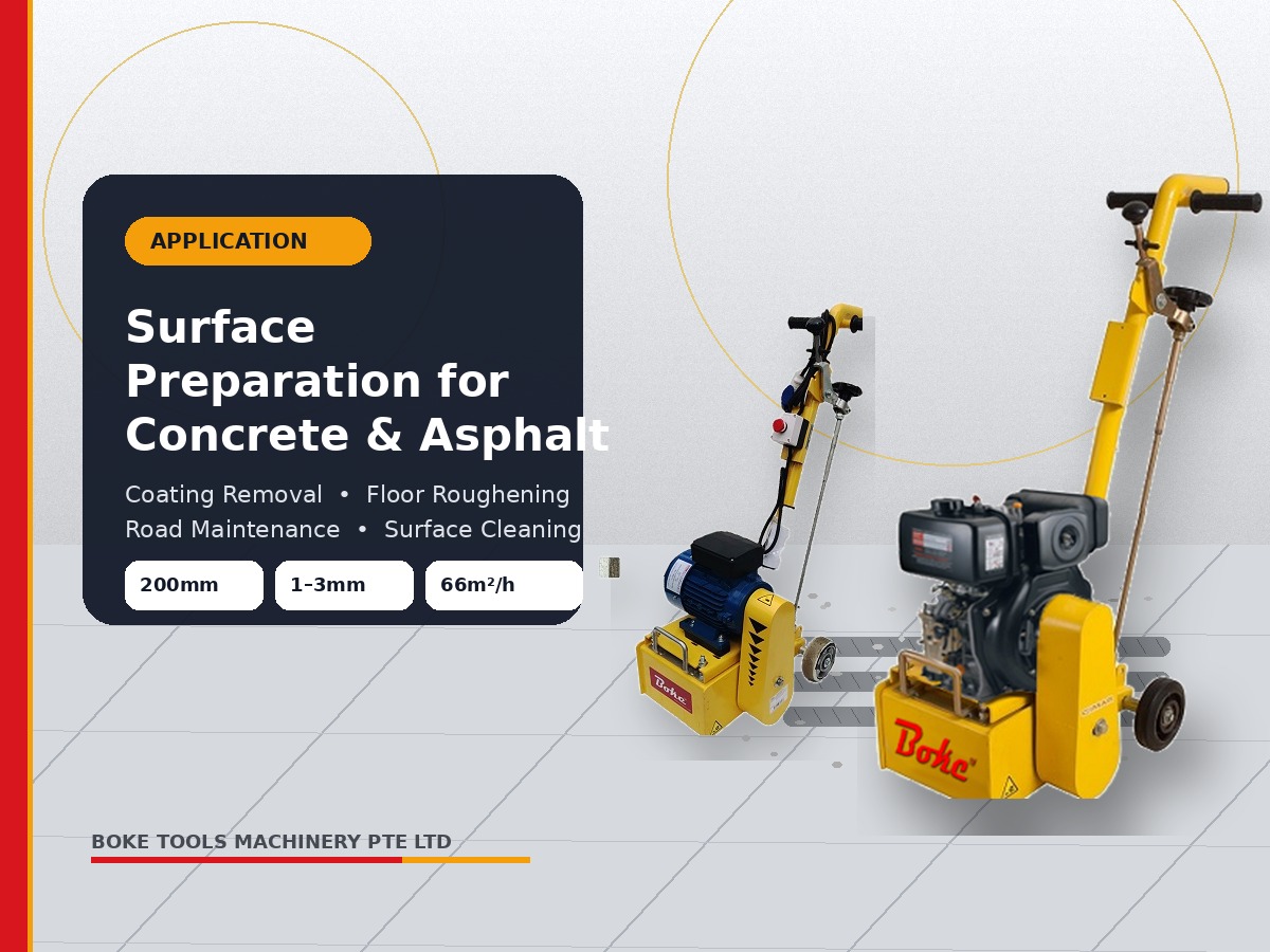 Boke floor scarifying machine for concrete and asphalt surface preparation