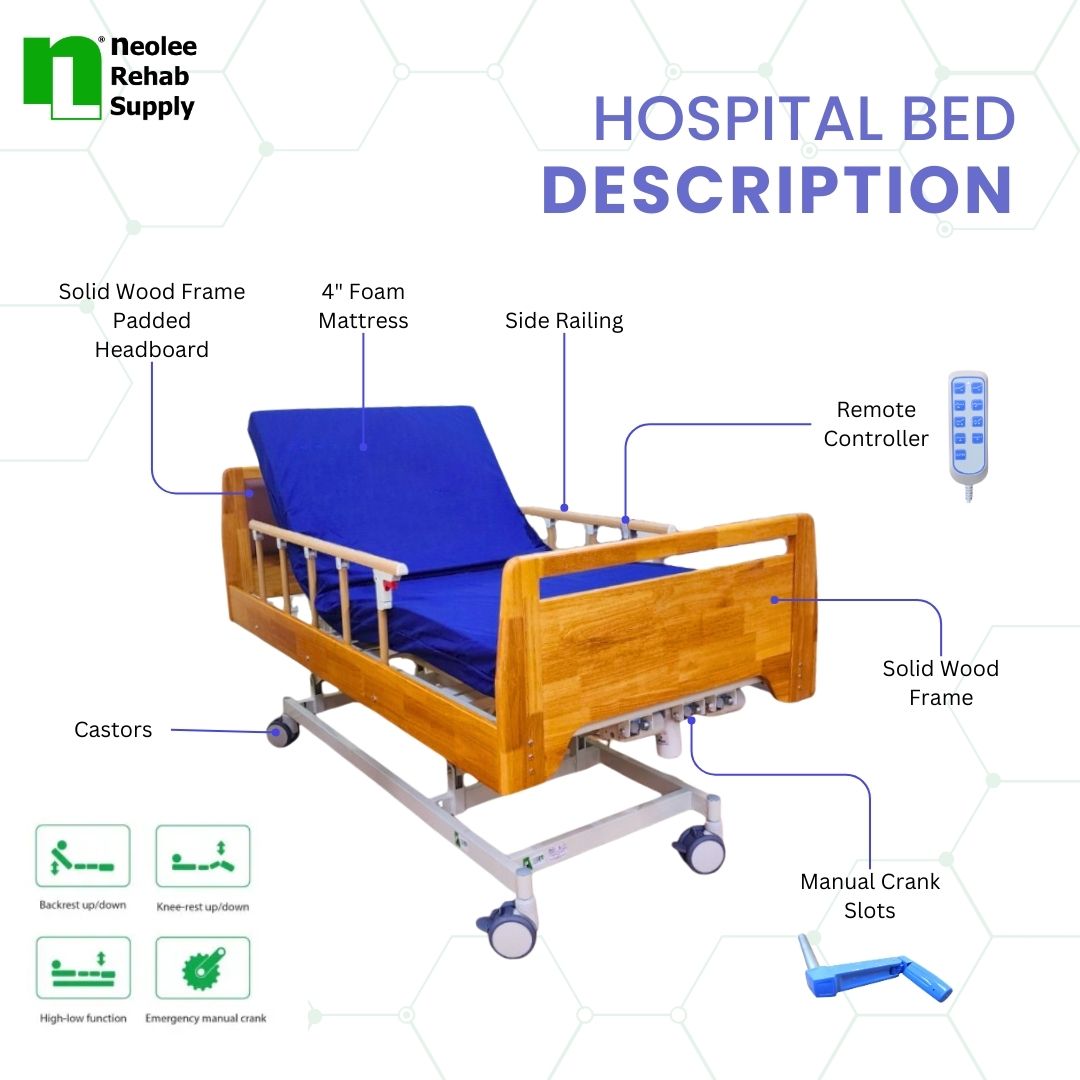 Neolee 3 Functions Electrick Hospital Homecare Bed wood Frame labelled