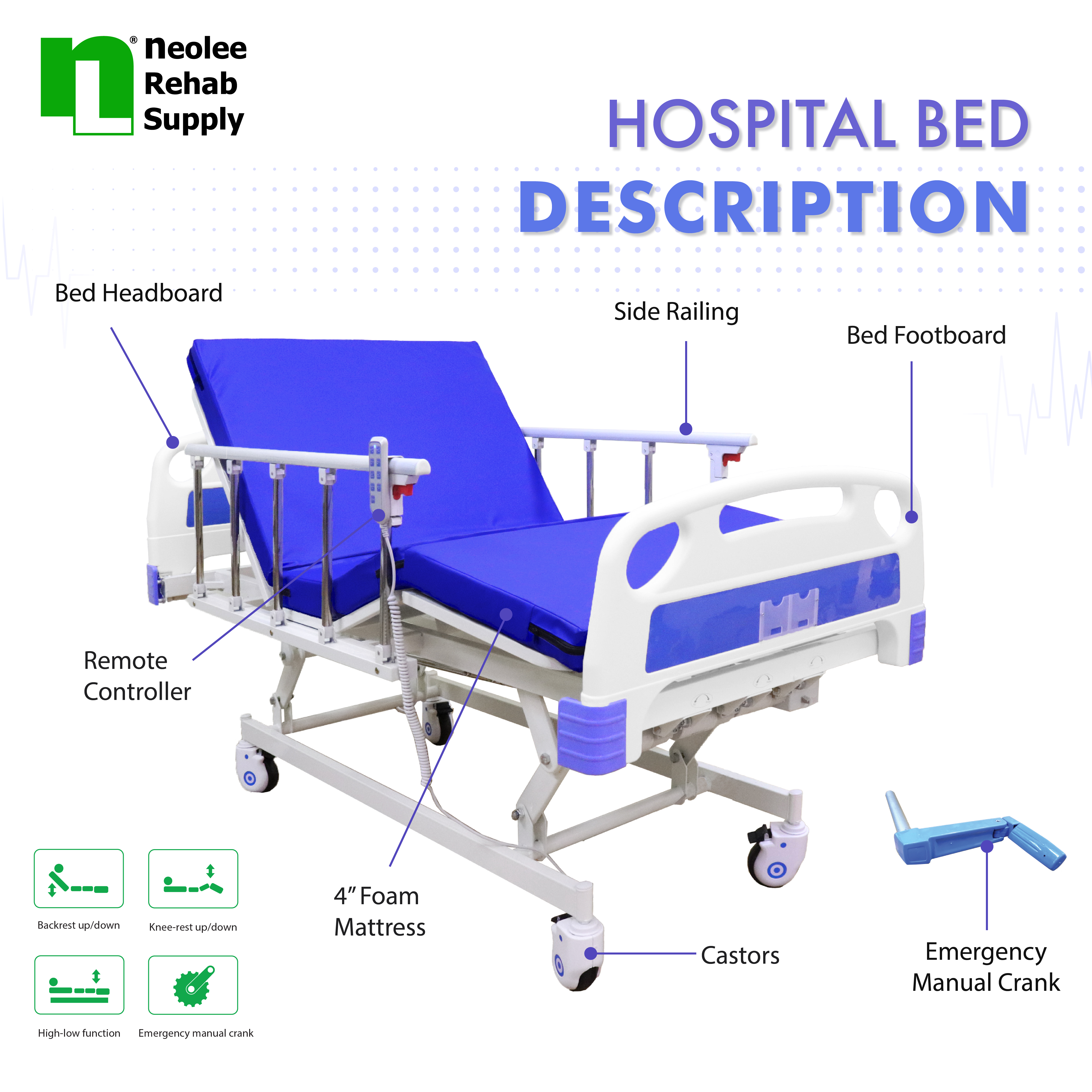 Neolee 3 Functions Electric Hospital Homecare Bed Labelled