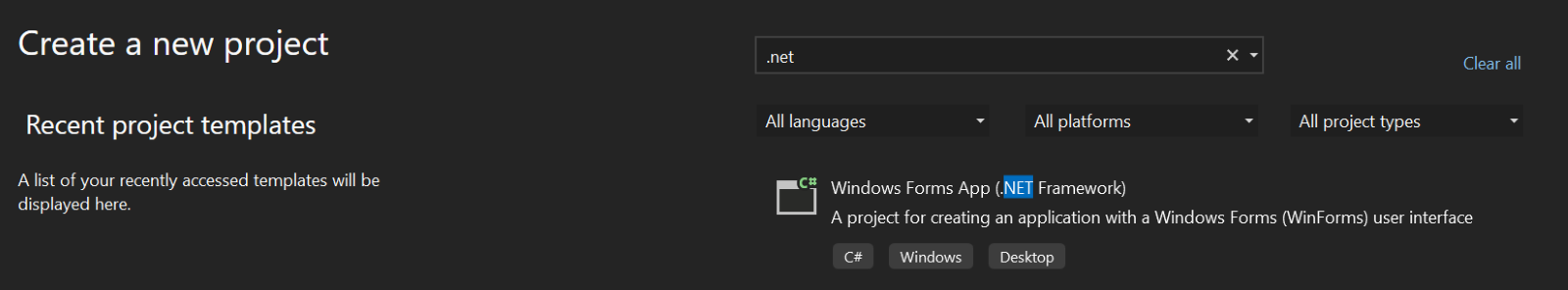 Creating a ningew project in Visual Studio 2022 Community 