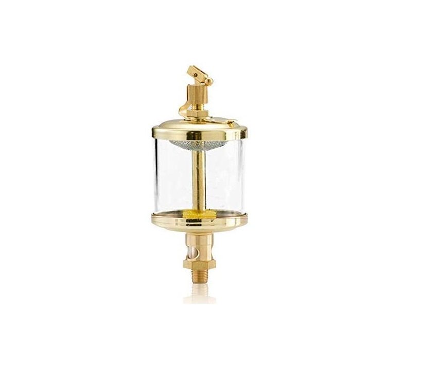 Gravity feed oiler for chain lubrication – 75ml to 1000ml capacities in durable brass and acrylic.