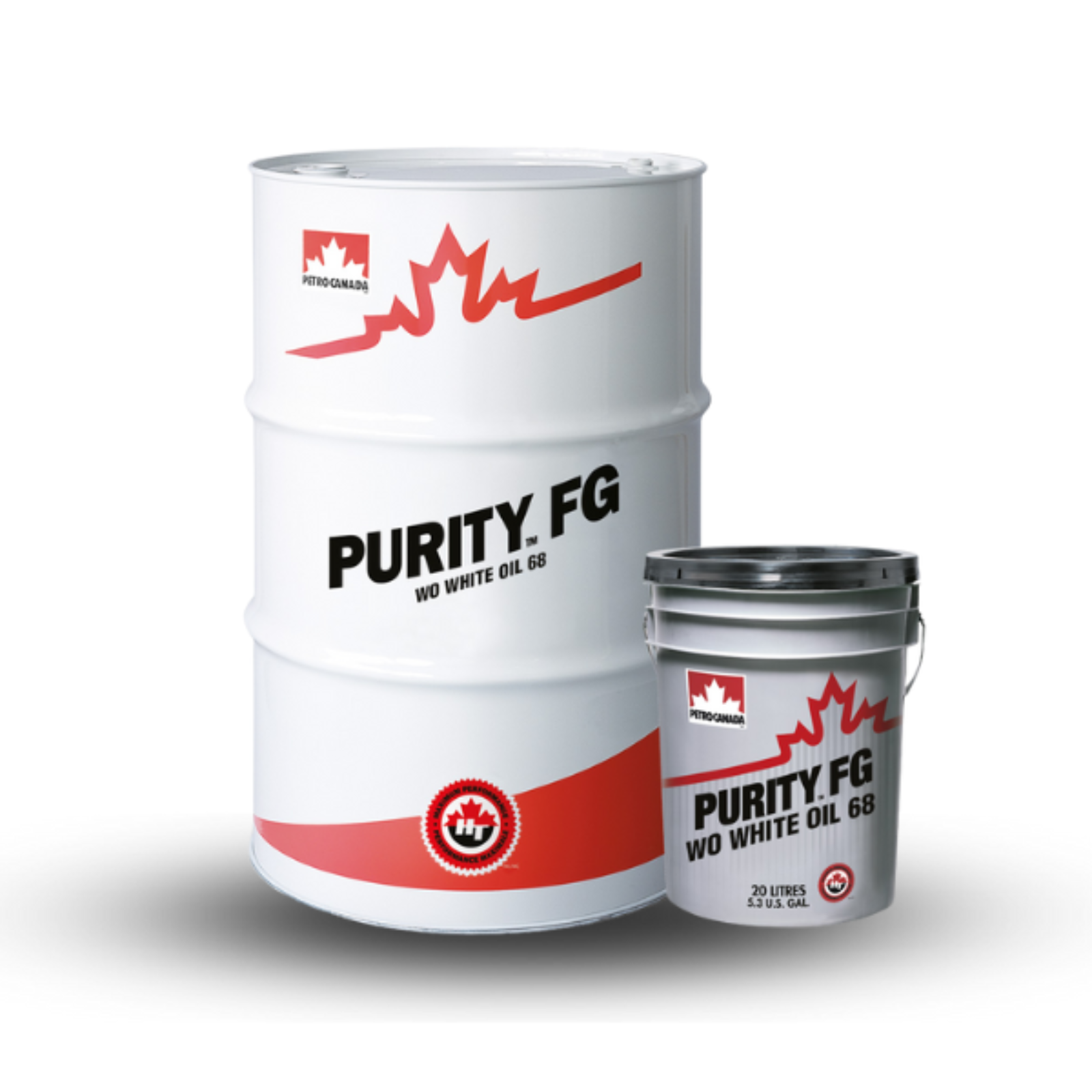 Image of Petro Canada’s PURITY FG WO food grade white oil in drum and pail packaging, highlighting its exceptional purity and suitability for food processing and industrial applications.