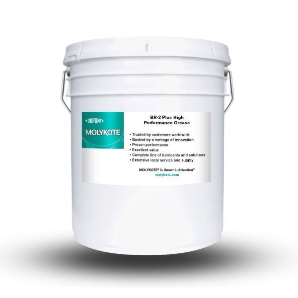 MOLYKOTE BR-2 PLUS in a 18kg pail, suitable for large-scale industrial lubrication applications.