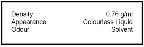 Technical specifications of Spanjaard Rapidkleen Industrial Cleaner Spray (IMPA 450656) showing density 0.76g/ml, colorless liquid appearance, and solvent odor. This heavy-duty chemical degreaser table highlights fast-drying, residue-free properties for industrial metal cleaning and glue removal.