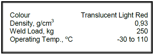 Technical property table for Spanjaard Chain and Linkage Spray detailing typical properties:  Colour: Translucent Light Red  Density: 0,93 g/cm³  Weld Load: 250 kg  Operating Temperature: -30°C to 110°C