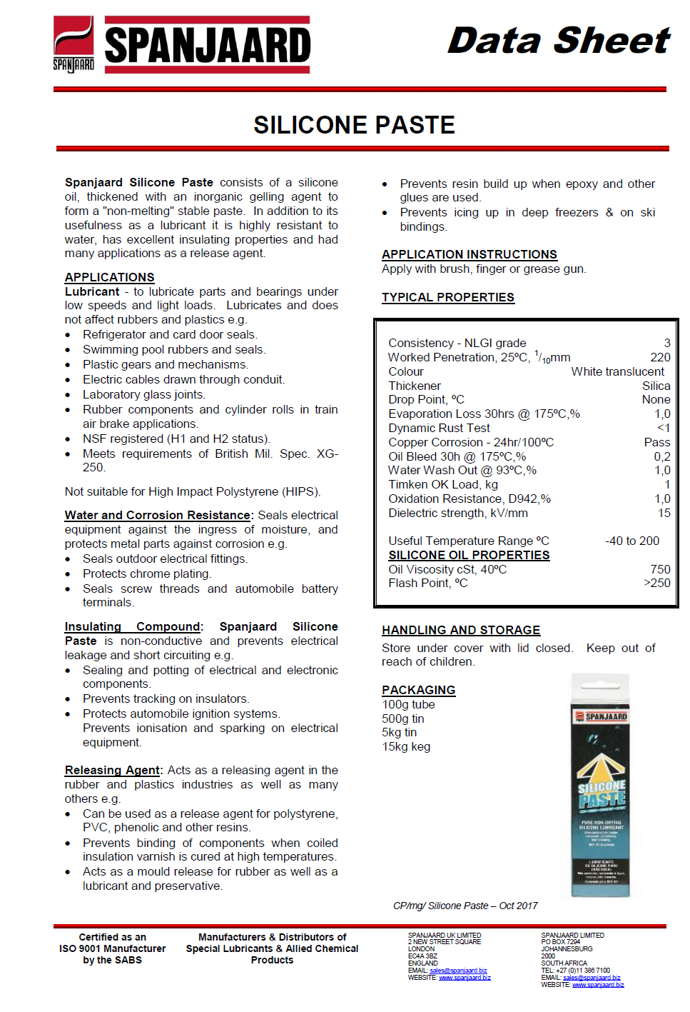 Technical Data Sheet for Silicone & O-Ring Grease - Sealing, Water & Corrosion Resistance