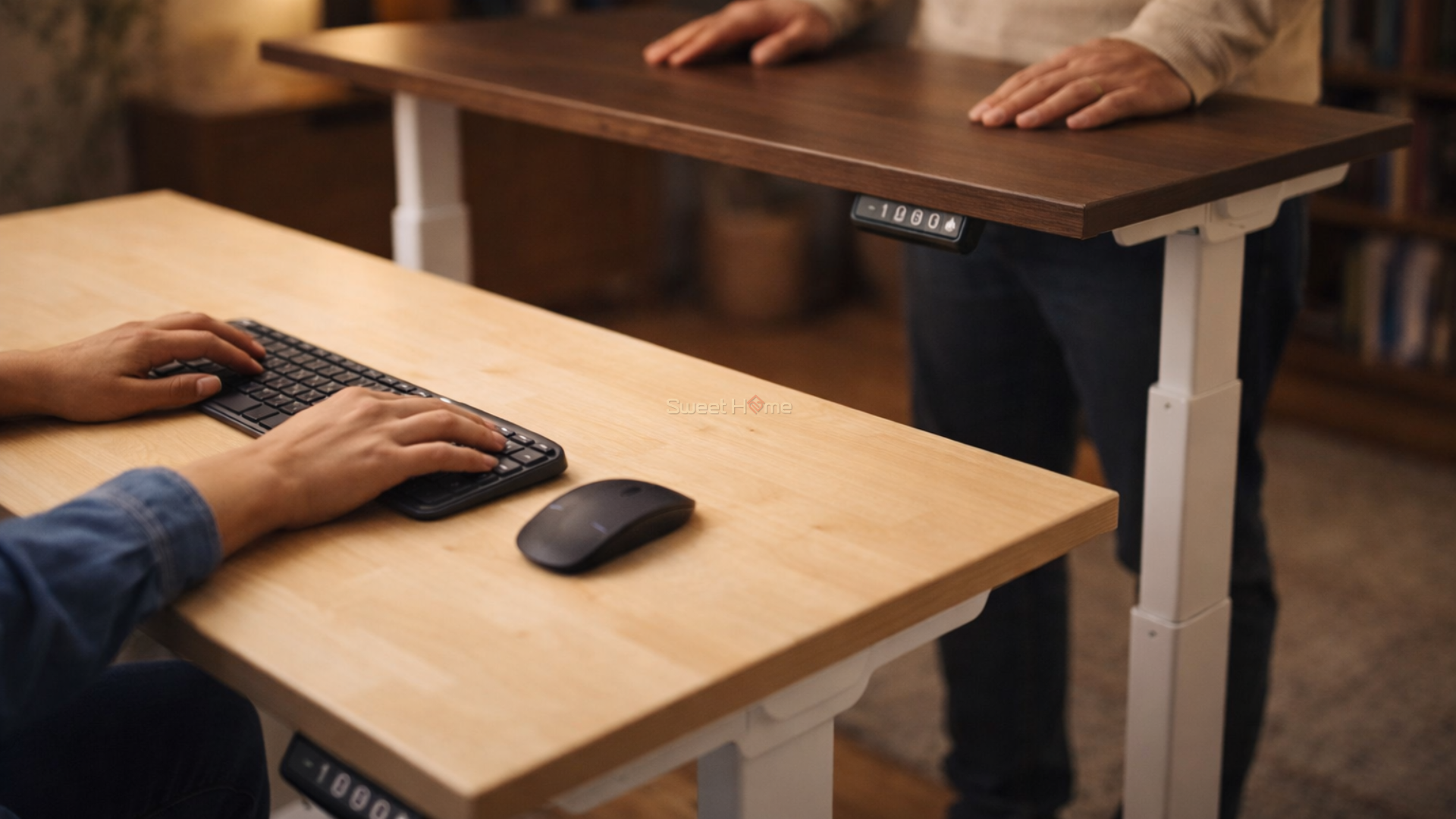 Adjustable height table in a modern office setting