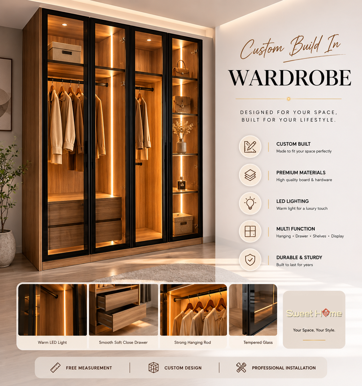 Luxury custom built-in wardrobe by Sweet Home International Sdn Bhd with LED lighting, glass doors and soft-close drawers