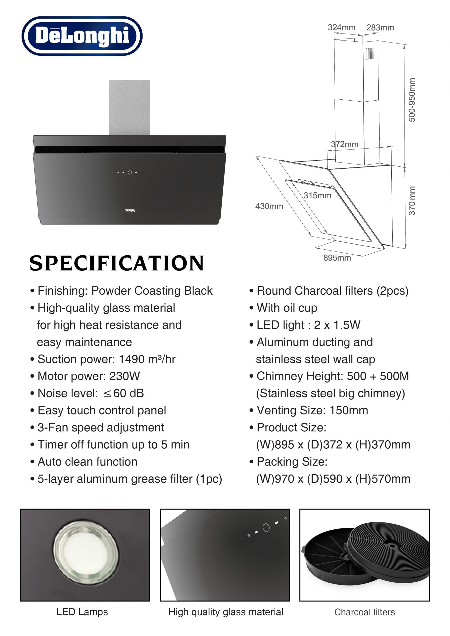 DELONGHI Cooker Hood Chimney 1490m3/h (DH-8933AC)