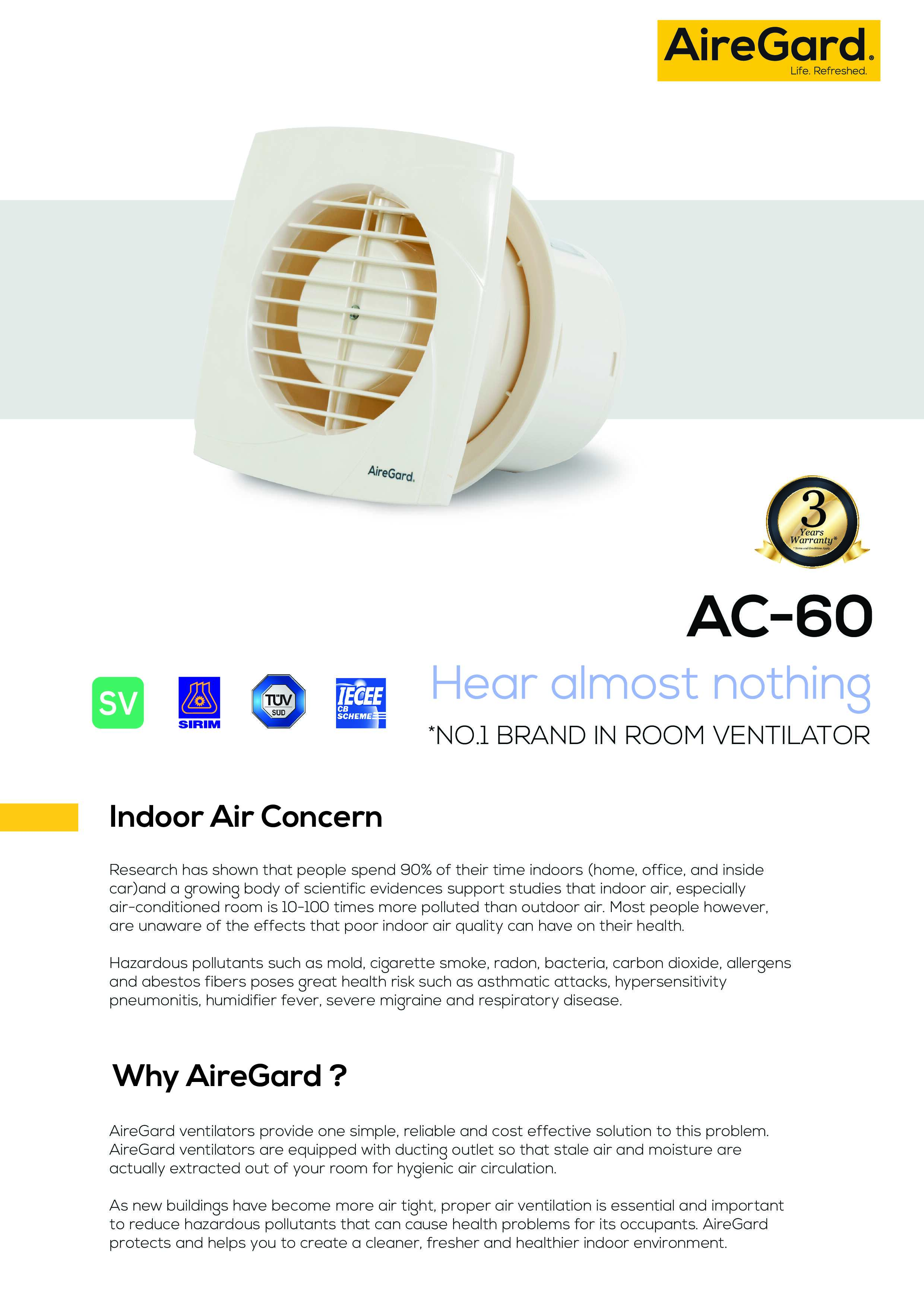 Airegard Air Ventilator 60cfm Wall/Glass Mounted AC60