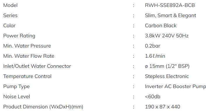 Rubine Pemanas Air Segera dengan Pam Booster AC Inverter RWH-SSE892A-BCB/WMW