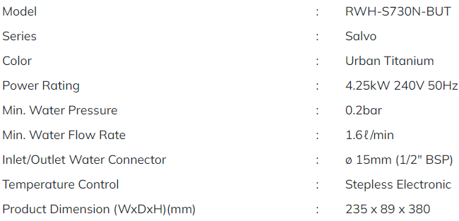 RUBINE Pemanas Air Segera Tanpa Pam Siri Salvo RWH-S730N-BUT