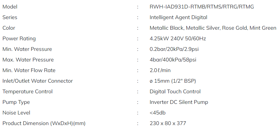 RUBINE Water Heater DC Pump Instant With Rain Shower RWH-IAD931D-RTMB/RTMS/RTRG/RTMG