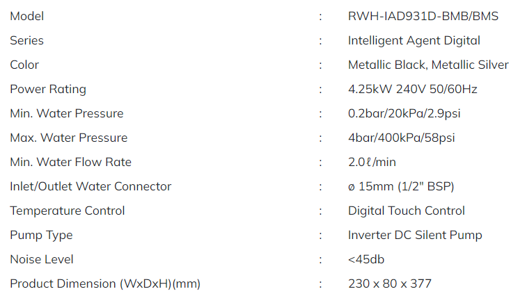 Pemanas Air RUBINE Dengan Pam Senyap DC RWH-IAD931D-BMB/BMS