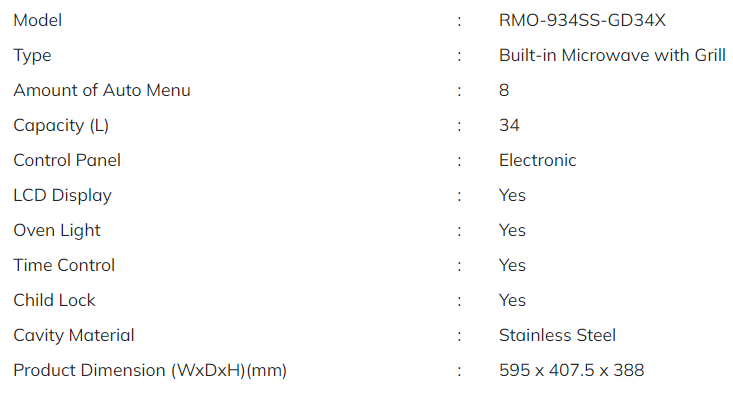  RUBINE Ketuhar Gelombang Mikro Terbenam RMO-934SS-GD34