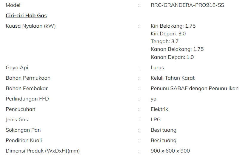 RUBINE Dapur Memasak 3.7kW RRC-GRANDERA-PRO918-SS