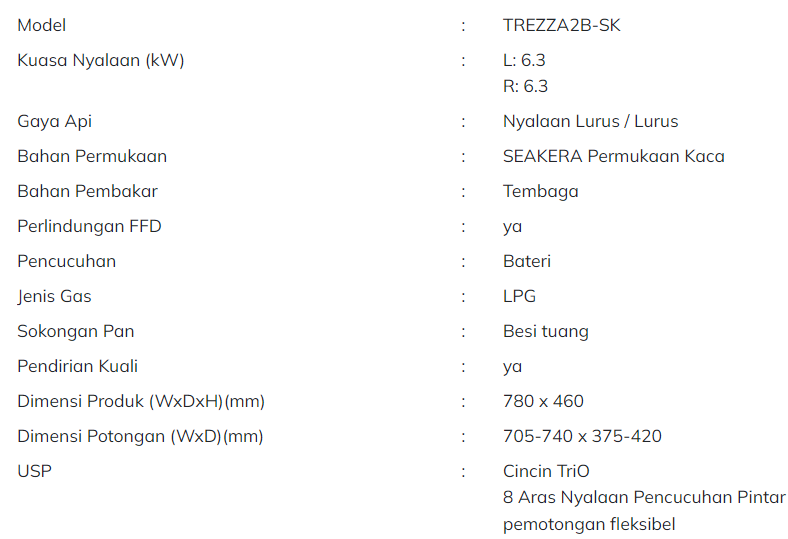 RUBINE Dapur Gas Terbina Dalam Dritto TREZZA2B-SK