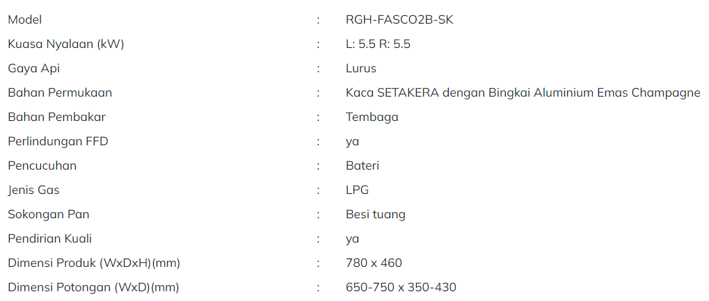        RUBINE Dapur Gas Terbina Dalam 2 Pembakar Siri Fasco RGH-FASCO+2B-SK