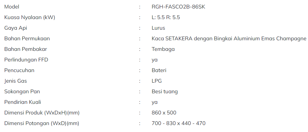 RUBINE Dapur Gas Terbina Dalam 2 Pembakar Siri Fasco RGH-FASCO+2B-86SK