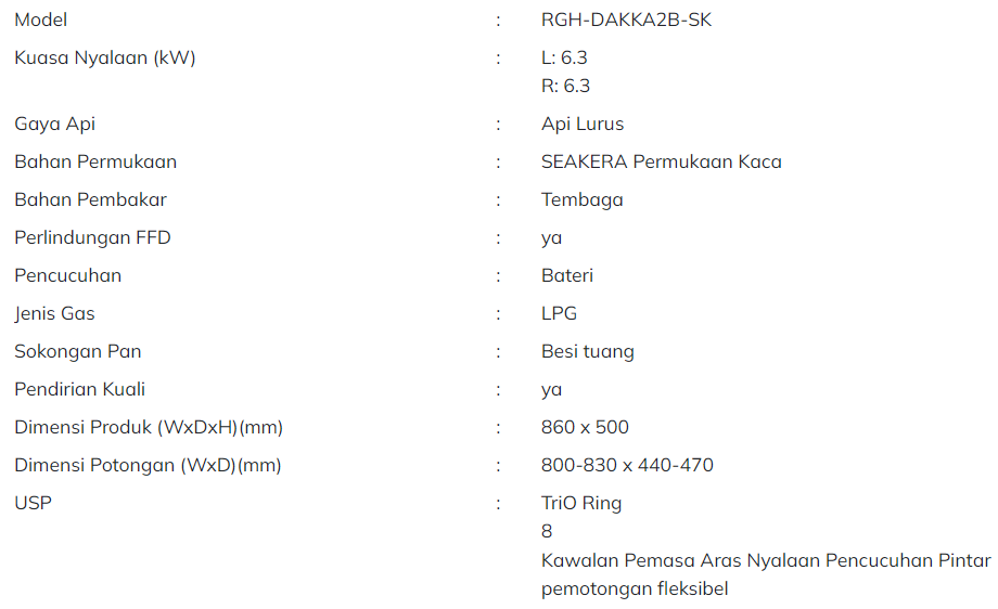 RUBINE Dapur Gas Terbina Dalam 2 Pembakar Dritto RGH-DAKKA2B-SK