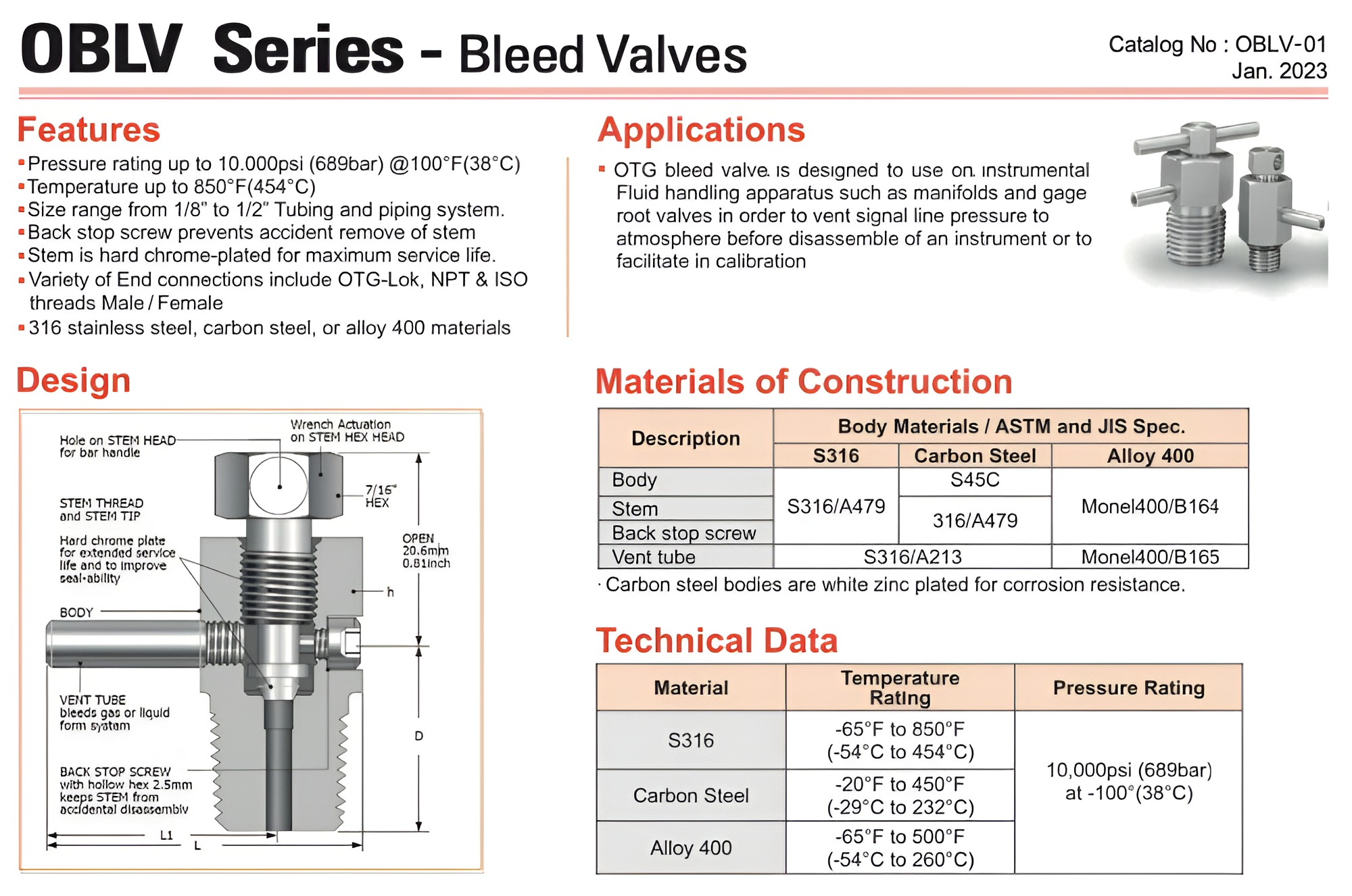 OTGLok Instrumentation Tube Fittings Supplier - Instrumentation Valves Supplier OBLV Bleed Valves  