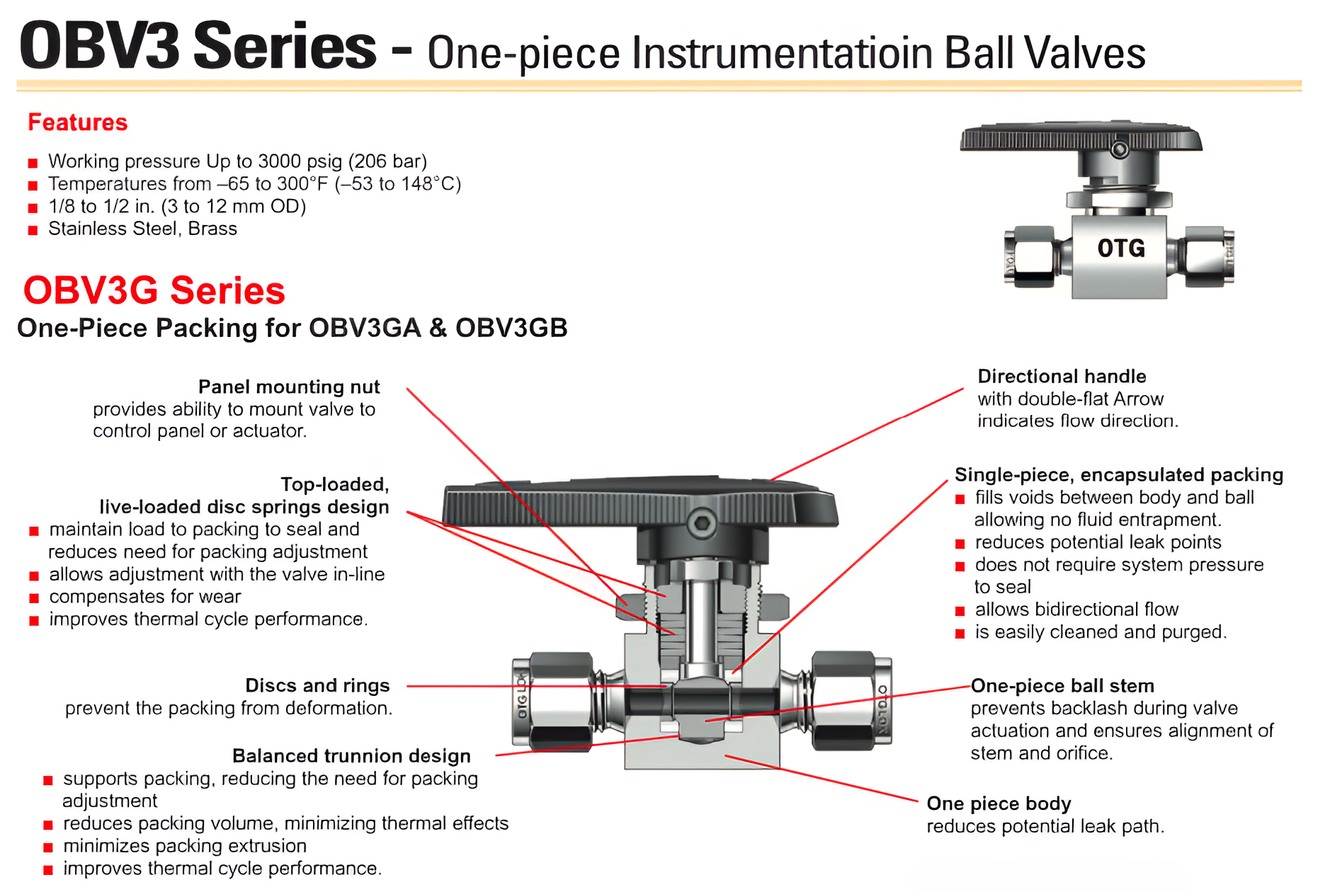OTGLok SS316L Instrumentation Tube Fittings & Valves - OBV3 One Piece Instrumentation Ball Valves 