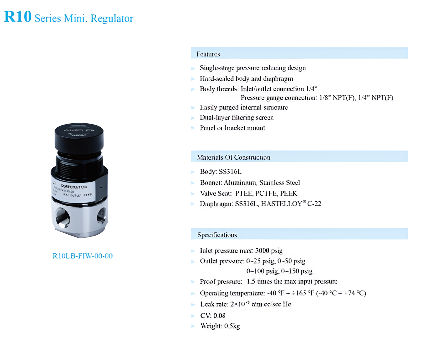 R10 Specialty Gas Pressure Regulator