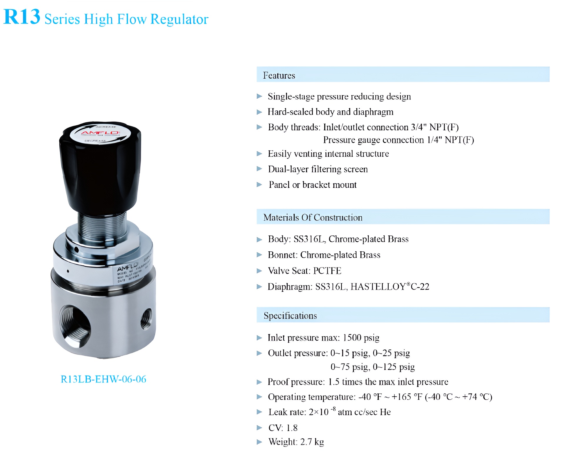 R13 Series High Flow Gas Pressure Regulator Supplier Malaysia