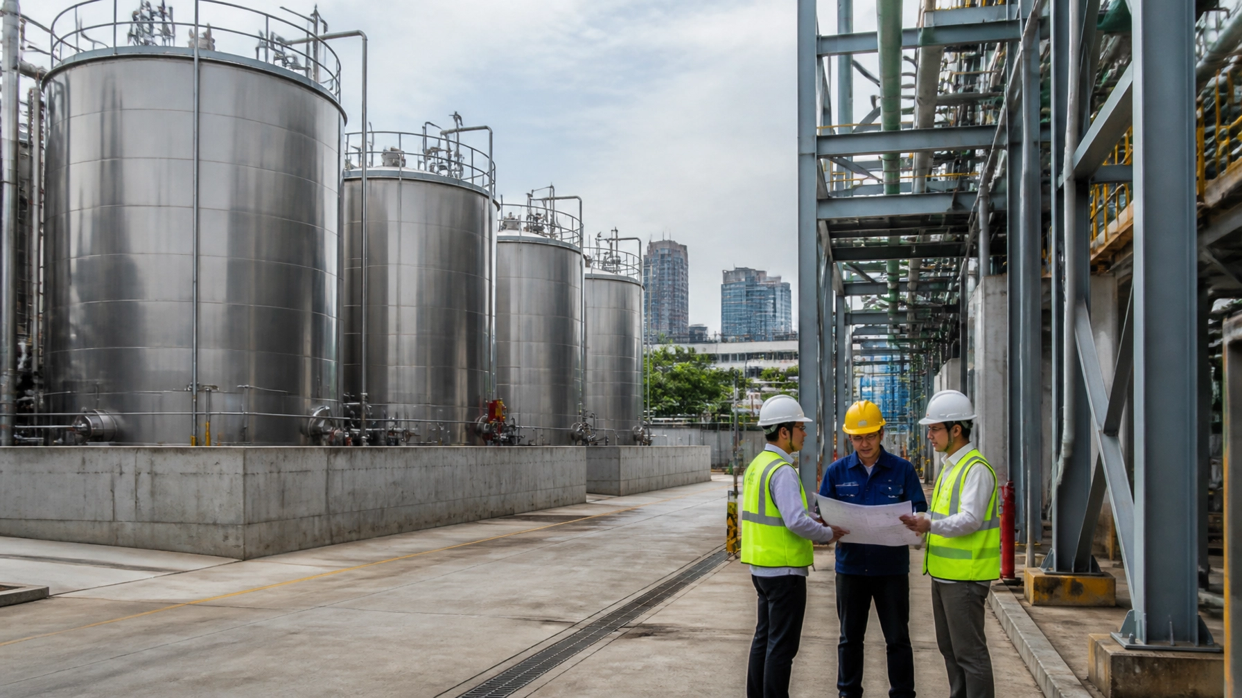 Large chemical storage tanks in a concrete bunded area in Singapore
