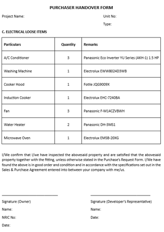 Sample of the Purchaser Handover Form