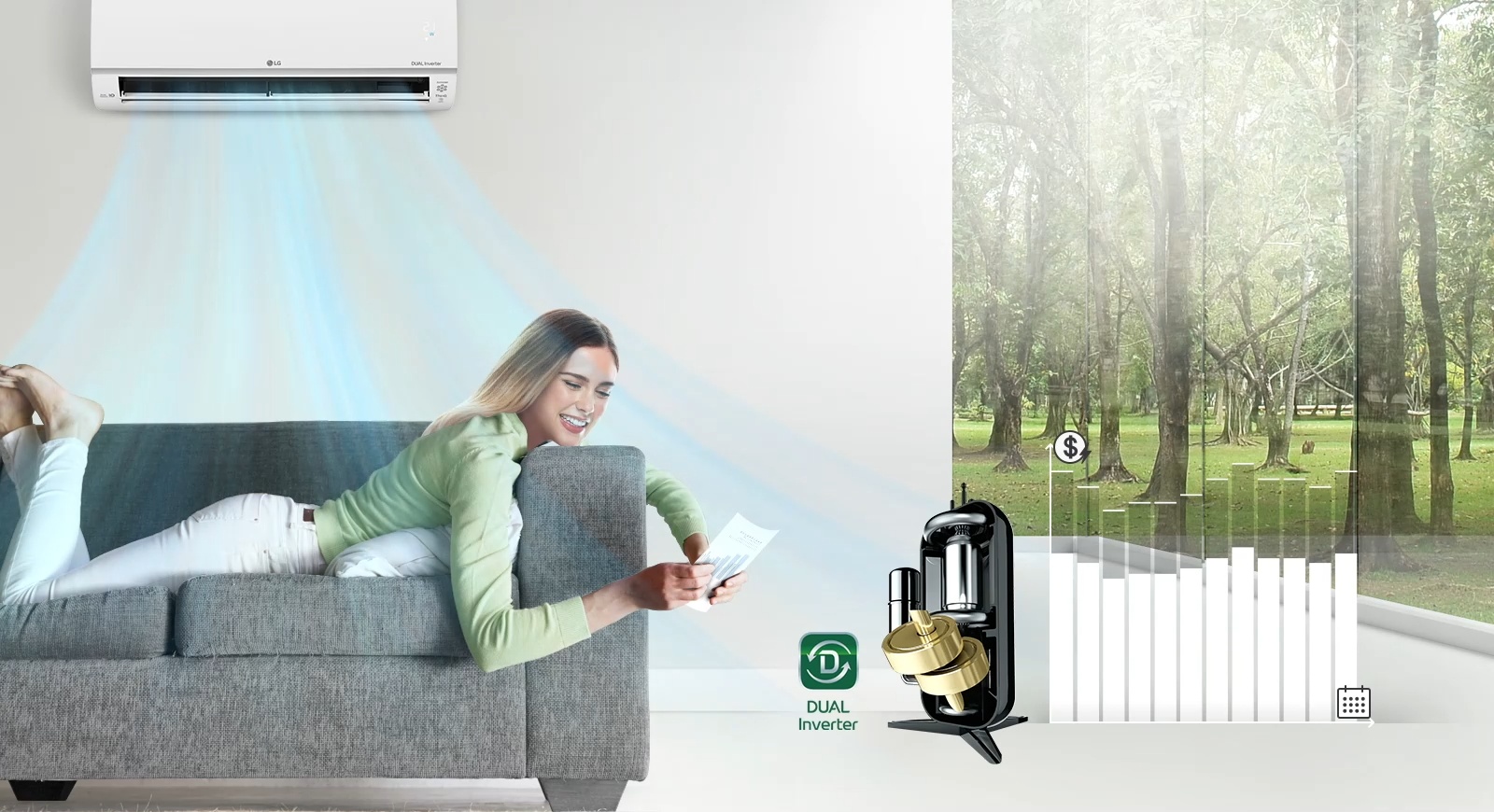 Woman relaxing on sofa with air conditioner cooling