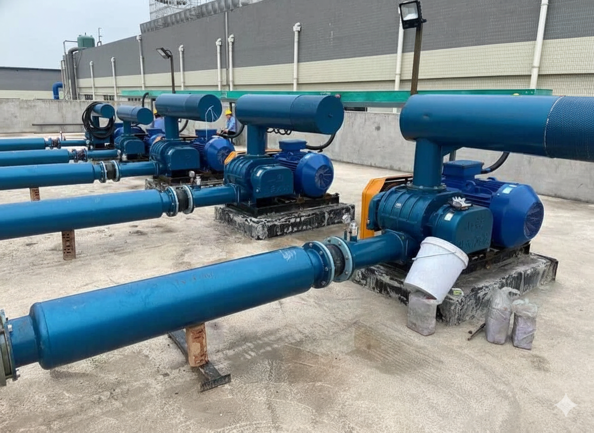 Aeration tanks bubbling in a wastewater treatment facility