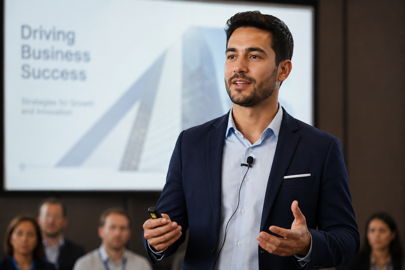 Speaking wearing a lapel microphone while delivering a conference speech