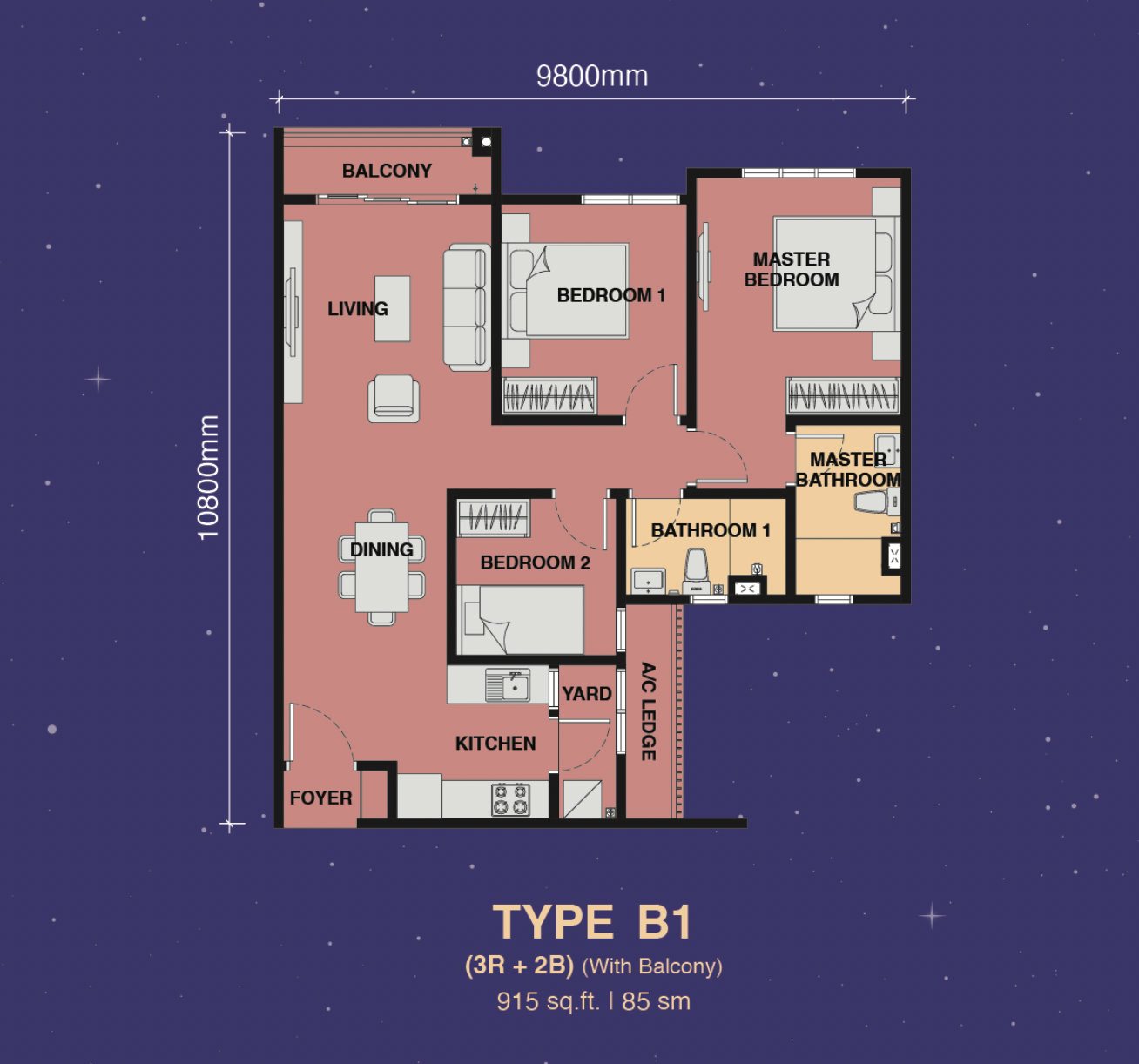 The Asteriaz Kebun Teh floor plan Type B1 3 bedroom 2 bathroom with balcony 915 square feet near CIQ RTS