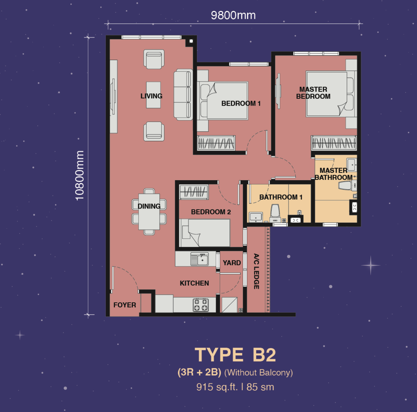 The Asteriaz Kebun Teh floor plan Type B2 3 bedroom 2 bathroom 915 square feet Johor Bahru city centre