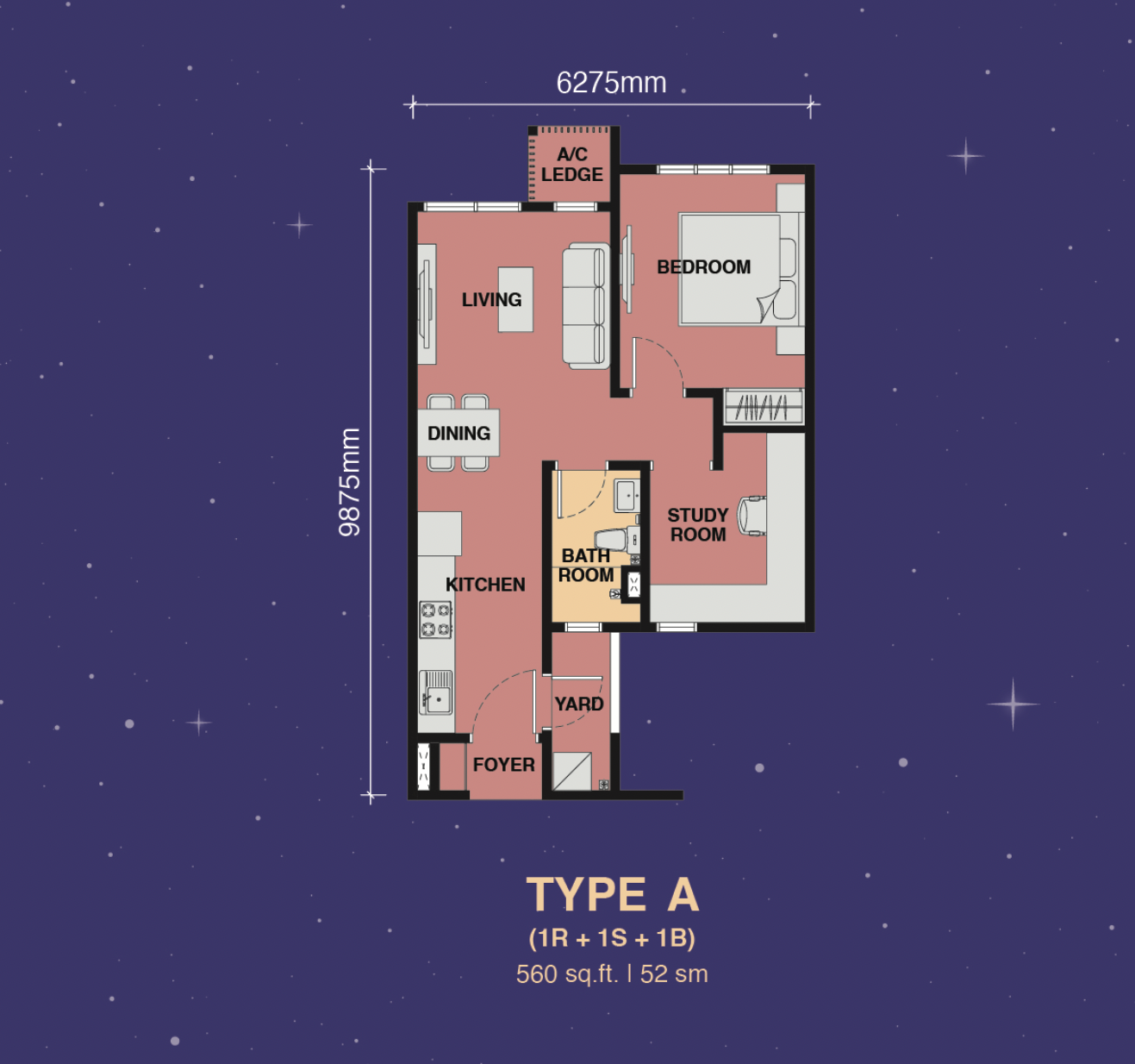 The Asteriaz Kebun Teh floor plan Type A 1 bedroom plus study 1 bathroom 560 square feet EXSIM serviced apartment