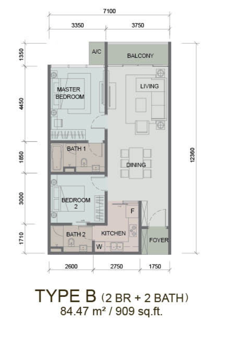 Paragon Suites @ CIQ Type B floor plan 909 sqft