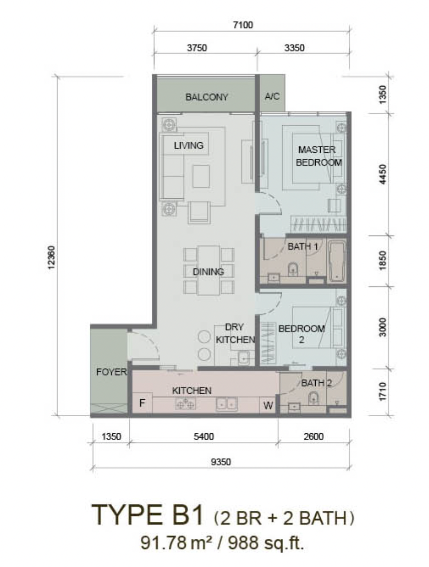 Paragon Suites @ CIQ Type B1 floor plan 988 sqft