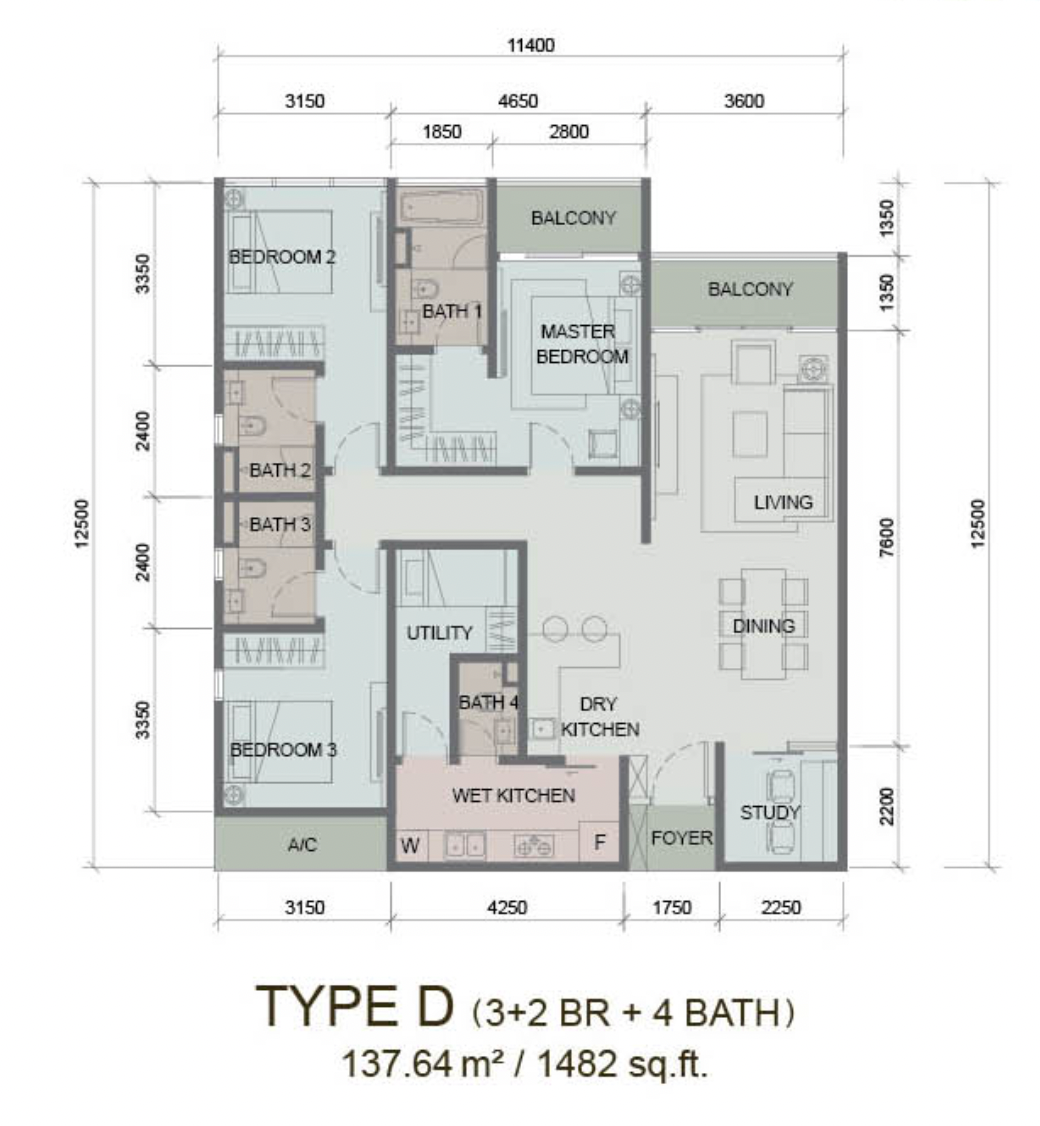 Paragon Suites @ CIQ Type D floor plan 1482 sqft