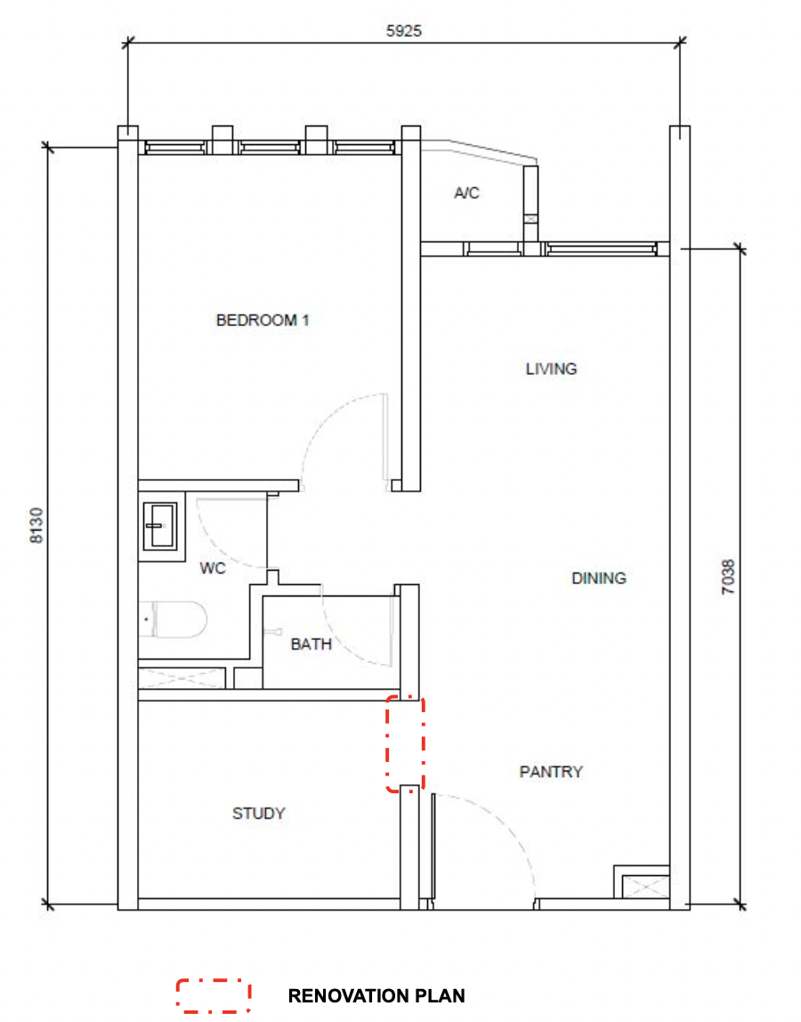 Phoeniz Suites Type A floor plan 484sf 1 bedroom plus study