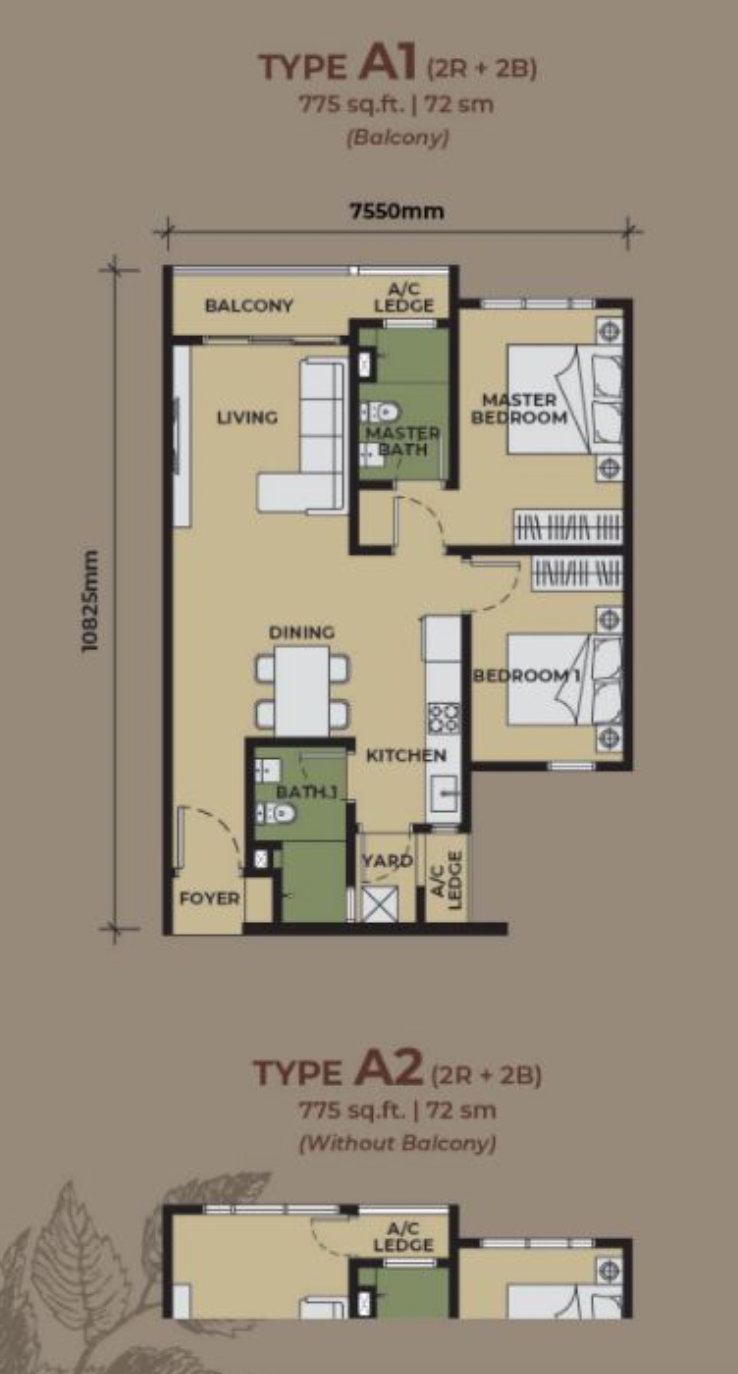 The Aldenz Type A floor plan 775sf 2 bedroom
