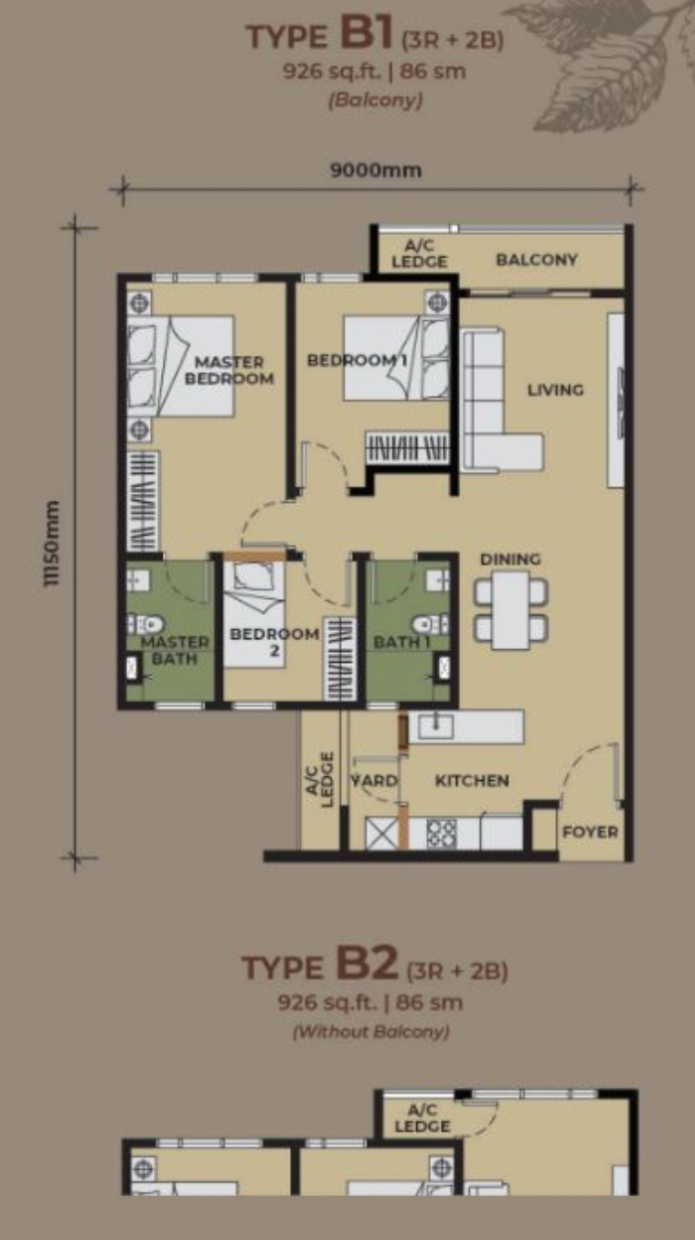 The Aldenz Type B floor plan 926sf 3 bedroom