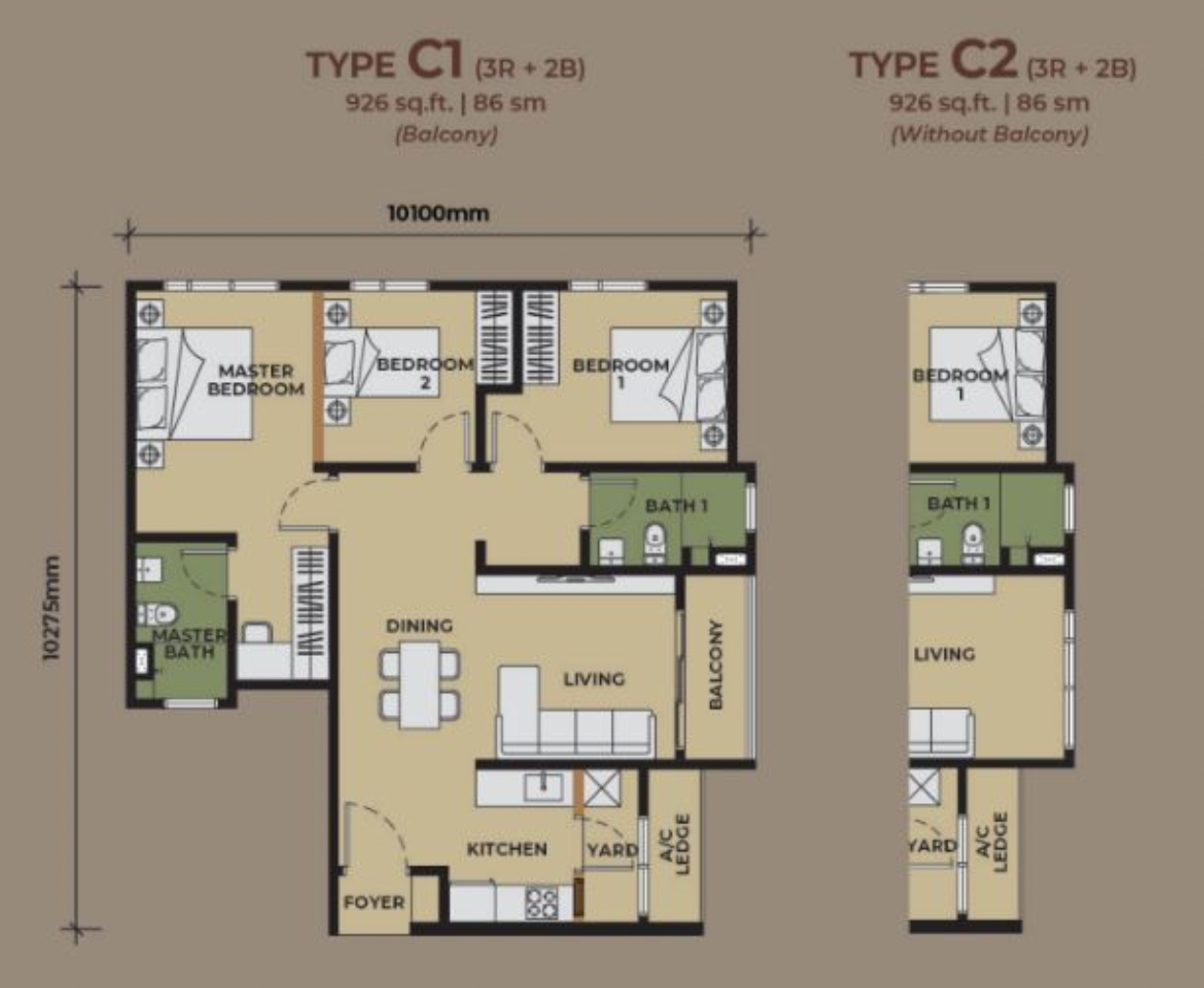 The Aldenz Type C1/C2 floor plan 926sf 3 bedroom