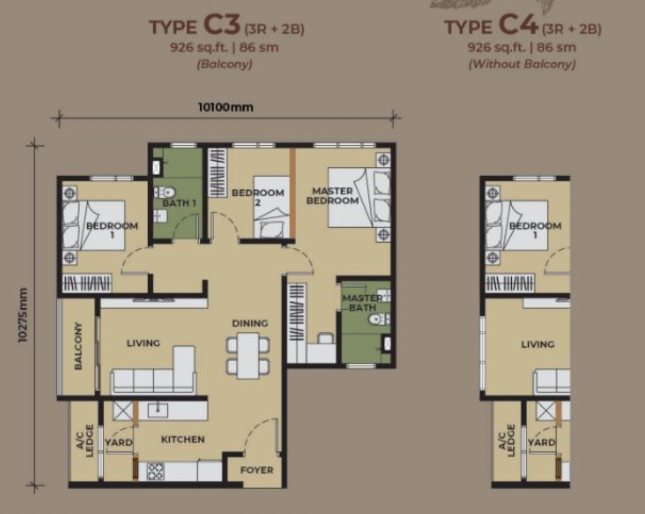 The Aldenz Type C3/C4 floor plan 926sf 3 bedroom