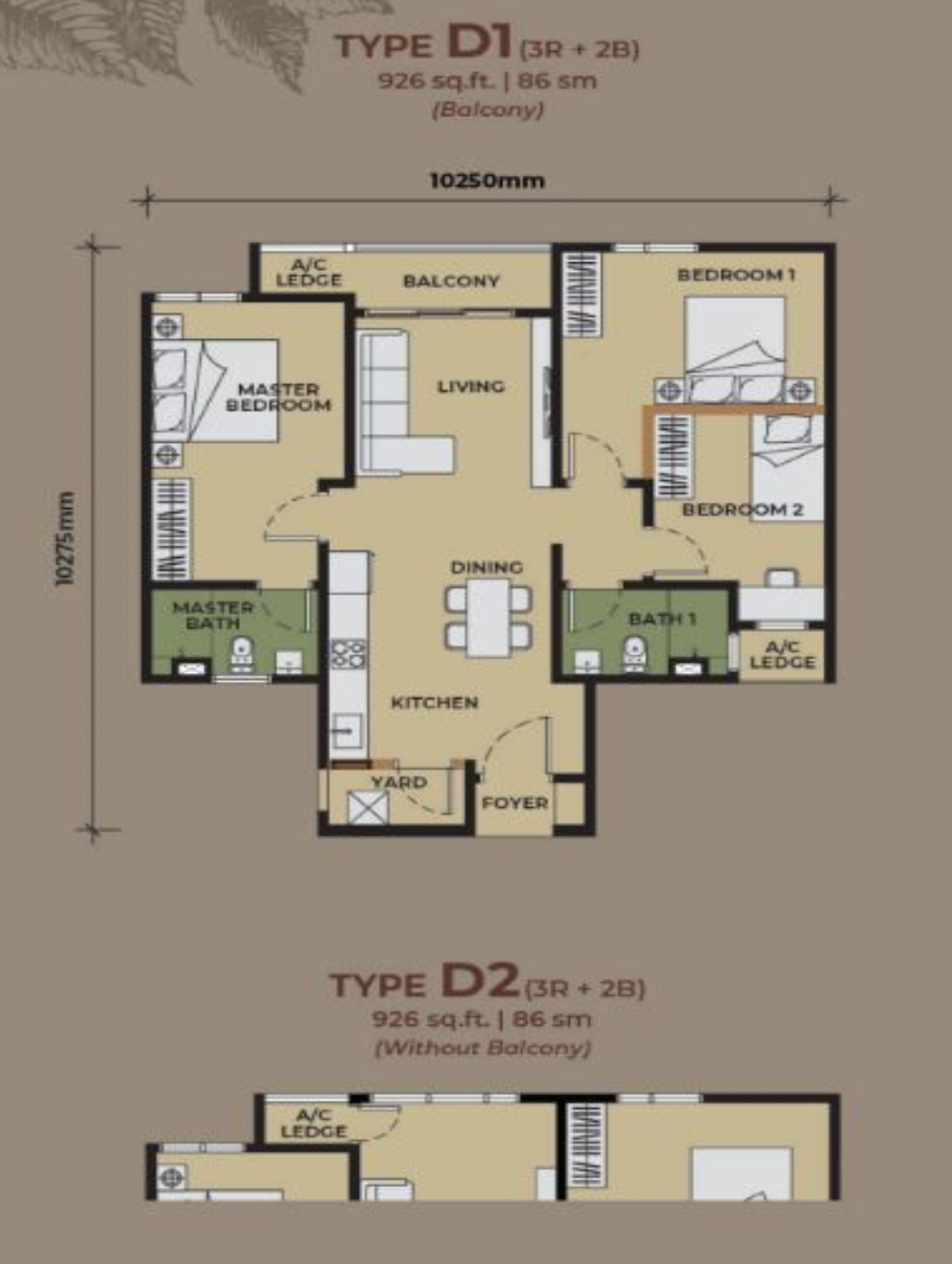 The Aldenz Type D floor plan 926sf 3 bedroom