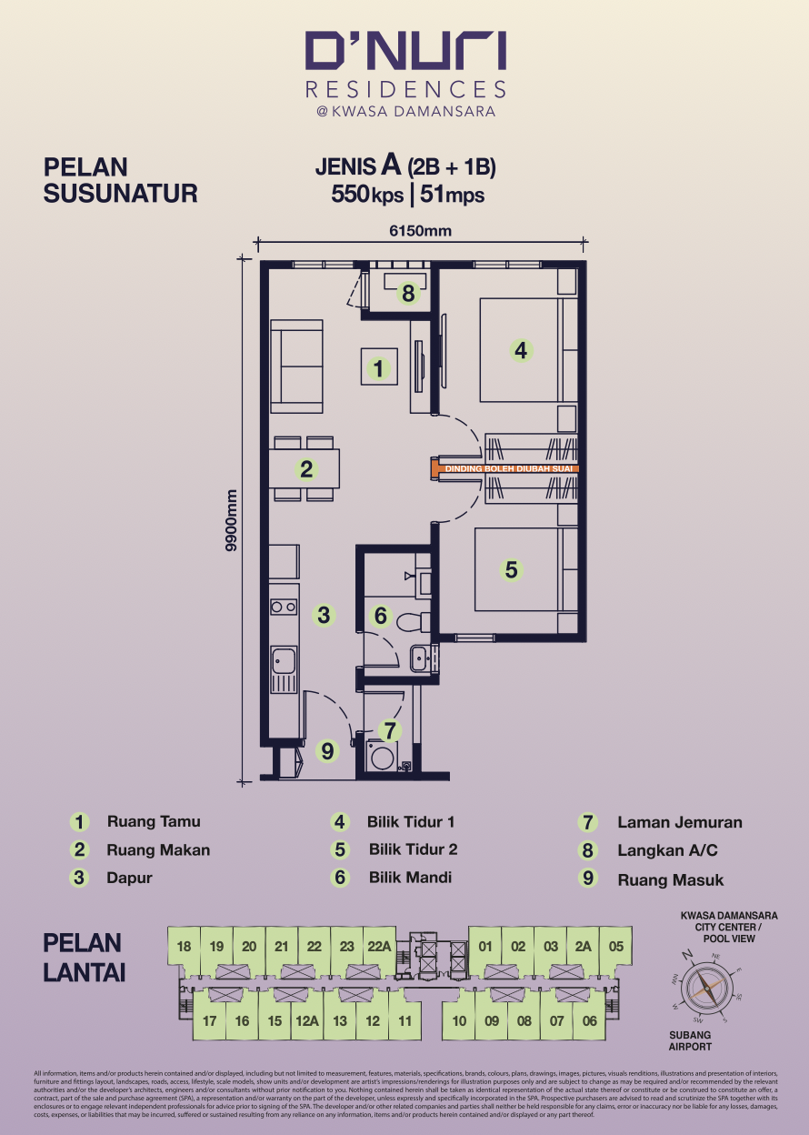 D'Nuri Residences floor plan 550sf 2 bedroom