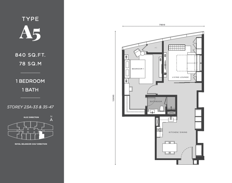 Eaton Residences KLCC Type A5 840平方尺 1卧室户型图