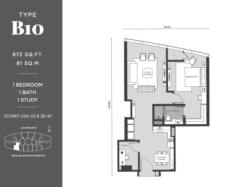 Eaton Residences KLCC Type B10 872平方尺 1卧室带书房户型图
