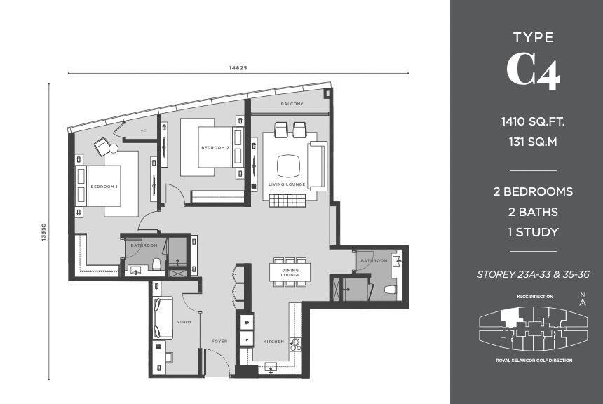 Eaton Residences KLCC Type C4 1410平方尺 2卧室带书房户型图