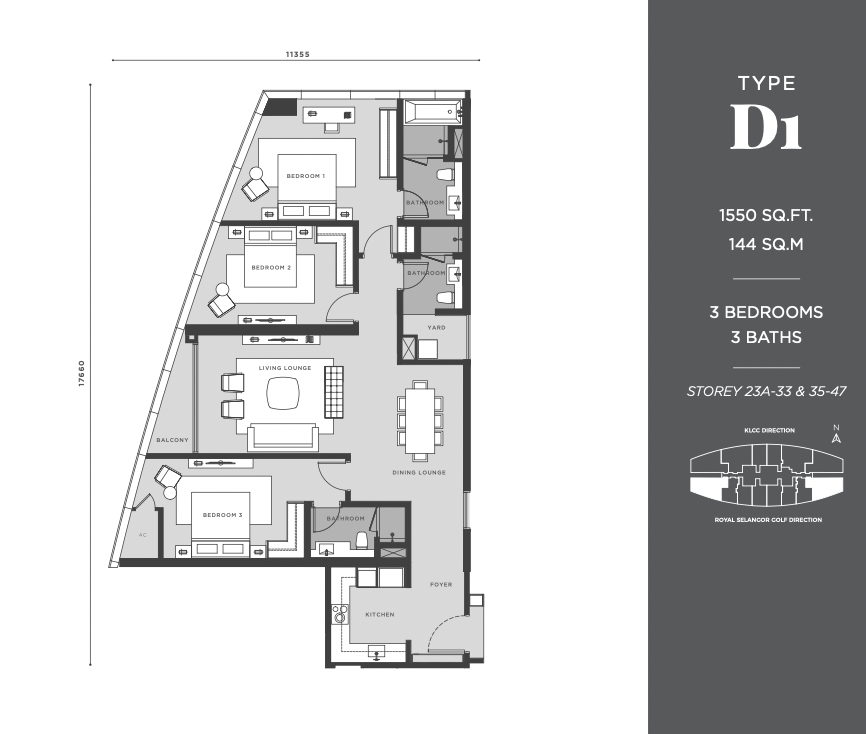 Eaton Residences KLCC Type D1 1550平方尺 3卧室户型图